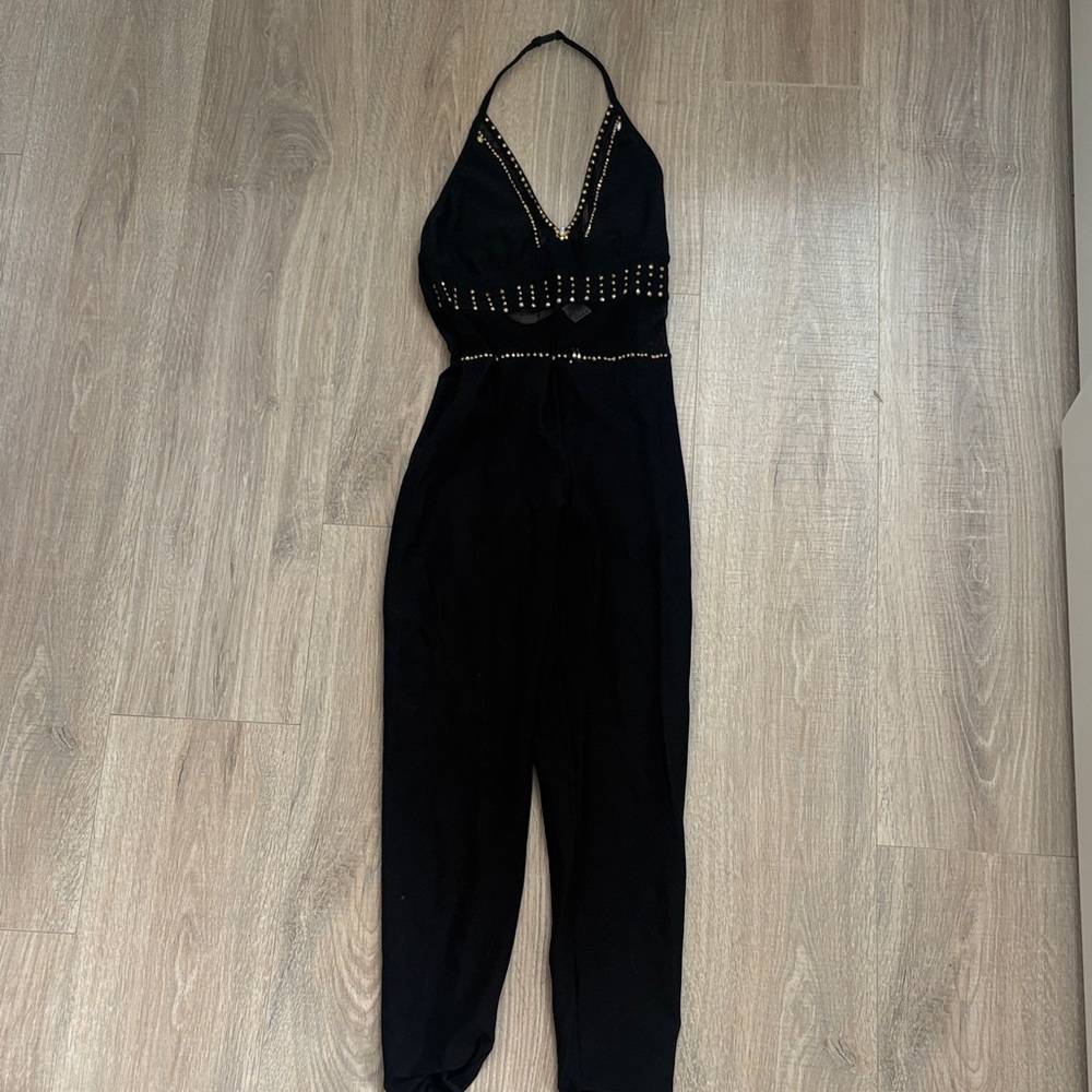 Black Halter Jumpsuit with Rhinestone Detail- Small
